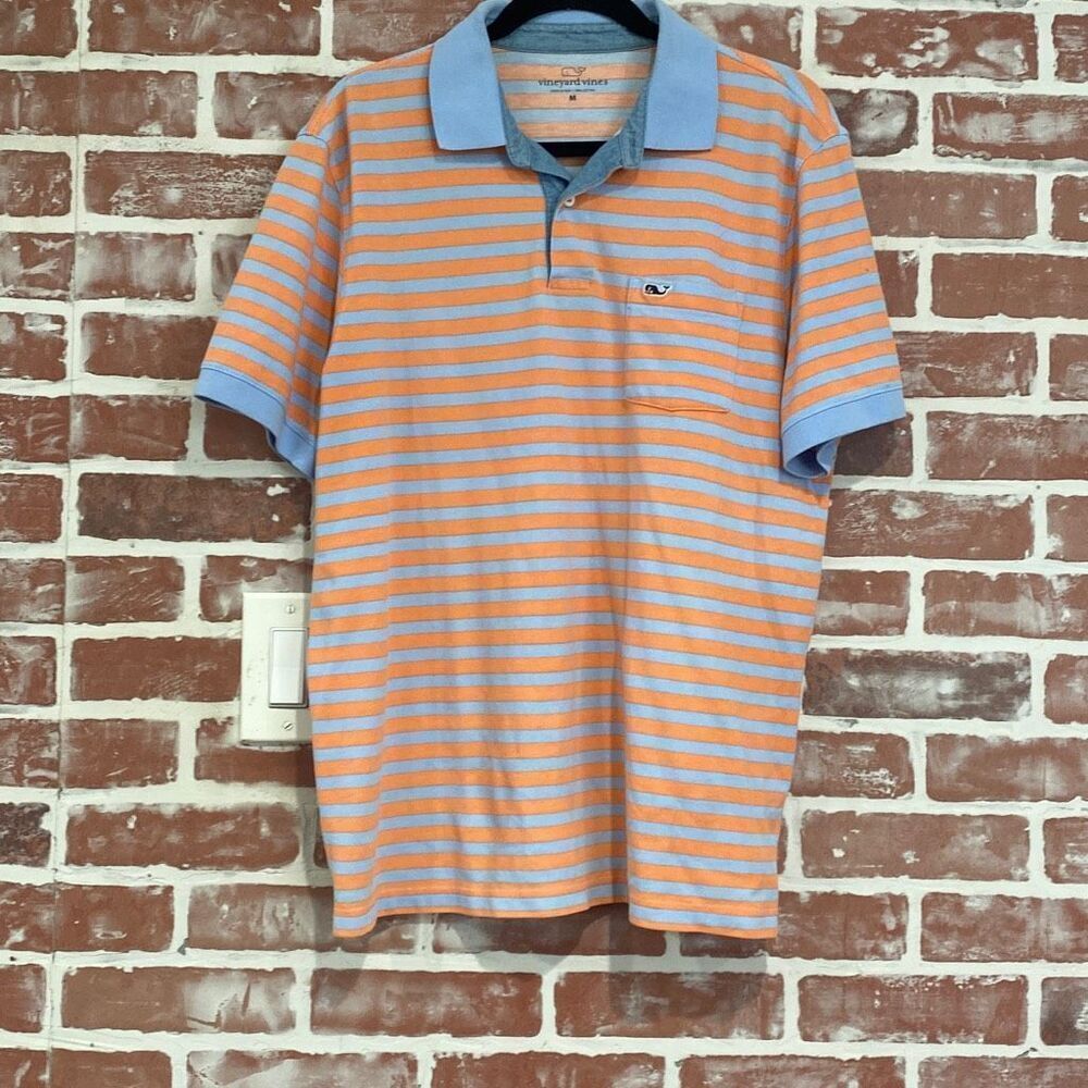 Vineyard Vines Polo Shirt Mens Medium Orange Blue Striped Whale Logo Cotton